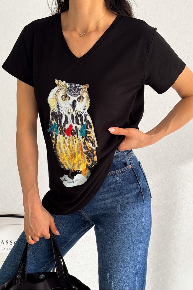 Women's Black V-Neck Owl Sequin Embroidered 100% Cotton T-Shirt