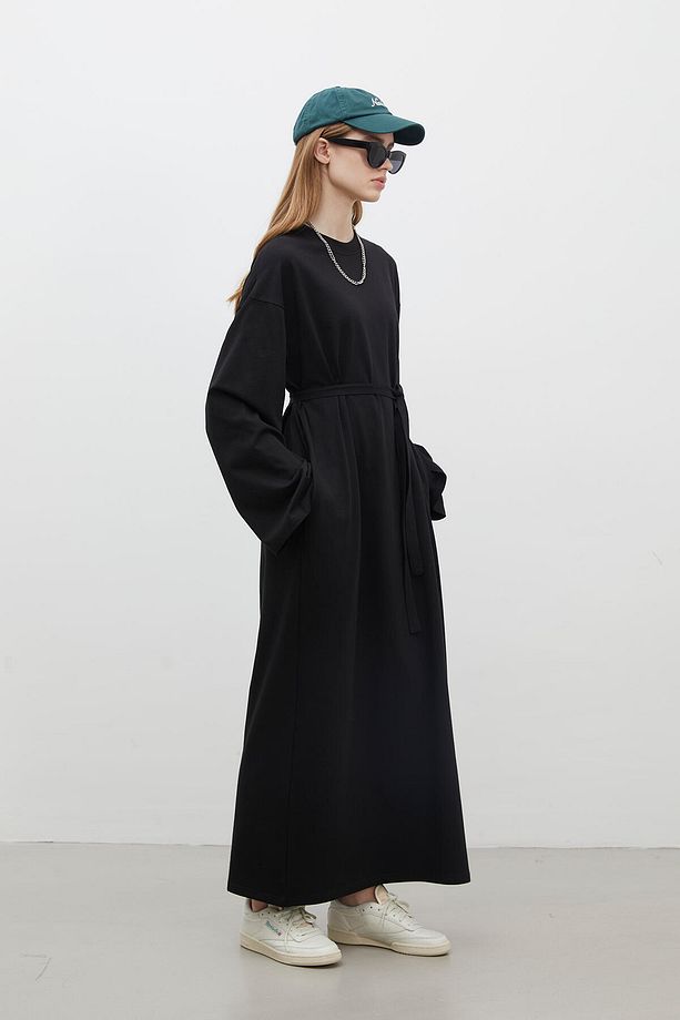 OVERSIZE PAMUKLU ELBİSE SİYAH - 7