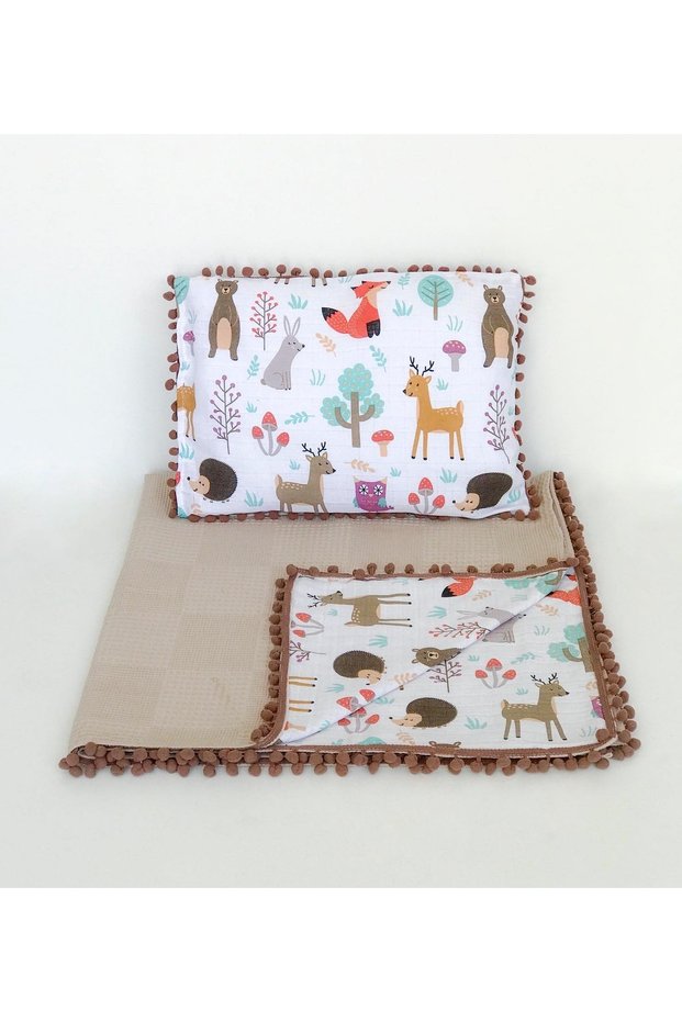 %100 Cotton Multipurpose Double-Layer Muslin Blanket (80x100 cm) and Pillow (25x35 cm)