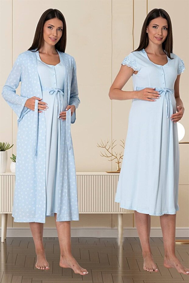 Women's Blue Patterned Short Sleeve Cotton Maternity Maternity Dressing Gown Nightgown Set