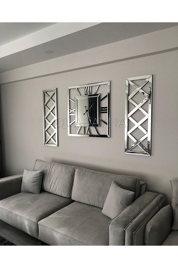 3’lü Gümüş X Model Duvar Saati(80*80 cm) ve Dekoratif Aynalar Seti(35*100 cm) - 3