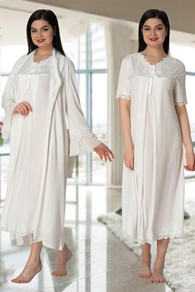 Ecru Skirted Lace Maternity Nightgown and Dressing Gown Set
