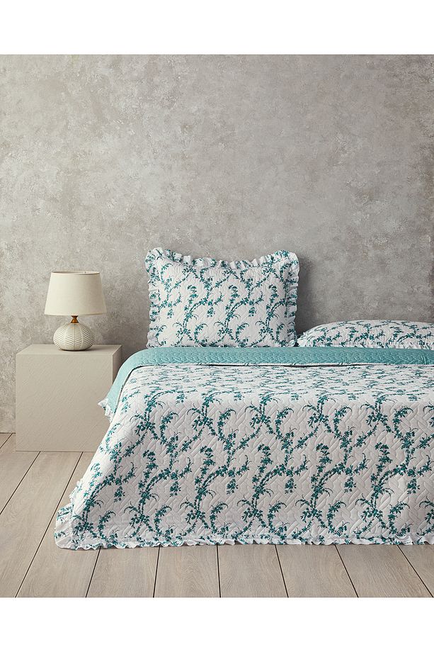 Scroll Flowers Çift Kişilik Yatak Örtüsü Takımı Yeşil - 1