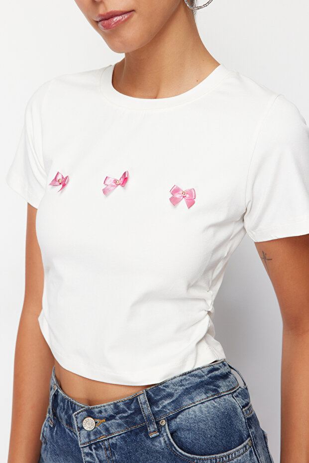 White Ribbon Detailed Regular Knitted T-Shirt TEDSS24TS00026