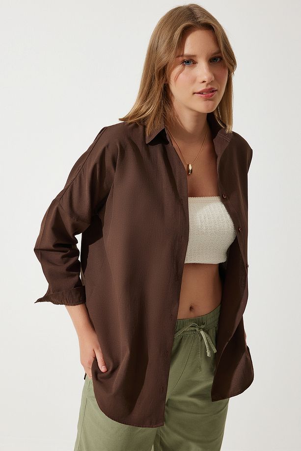 Kadın Acı Kahve Oversize Uzun Basic Gömlek  DD00842 - 2