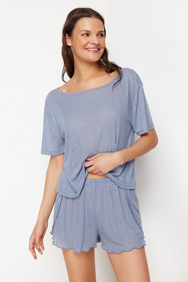 Çok Renkli 2'li Paket Pointel Ajurlu/Delikli Örme Pijama Üstü THMSS24PT00276 - 2