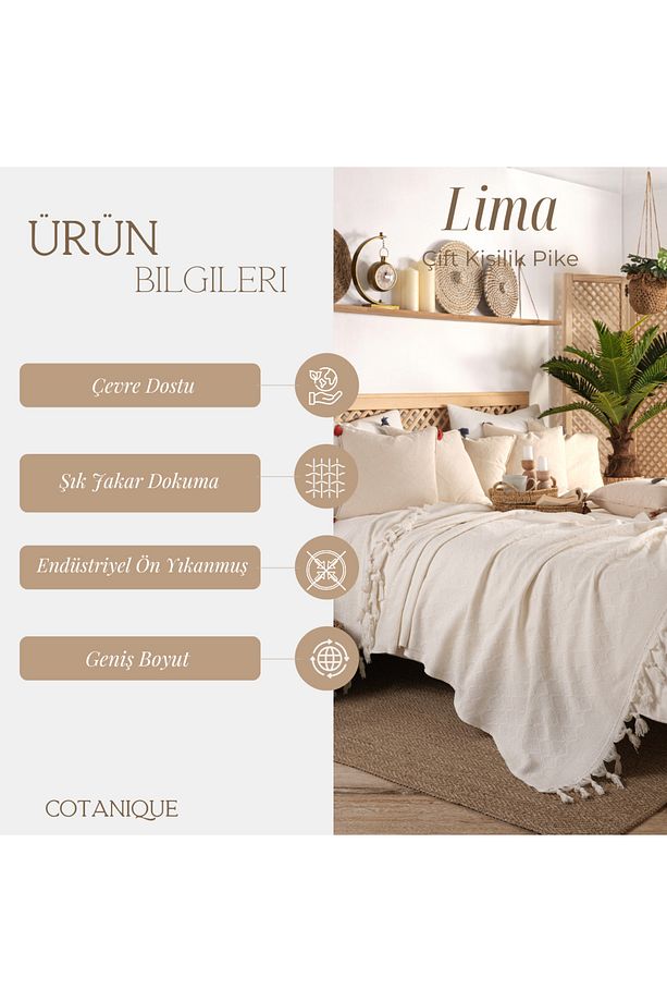 Lima Pamuklu Çift Kişilik Pike 200x220 Çok Amaçlı Örtü Çift Kişilik Koltuk Örtüsü - 3