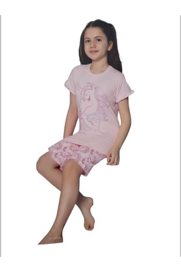Kız Çocuk %100 Pamuklu Pembe Bisiklet Yaka Kısa Kollu Unicorn Baskılı Şortlu Pijama Takımı - 1