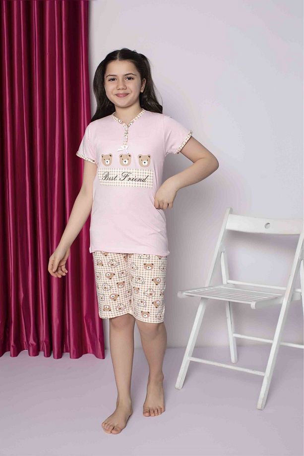 Pamuklu Yarım Düğmeli Kısa Kollu Pembe 3 Ayıcık Desenli Şortlu Pijama Takımı - 1