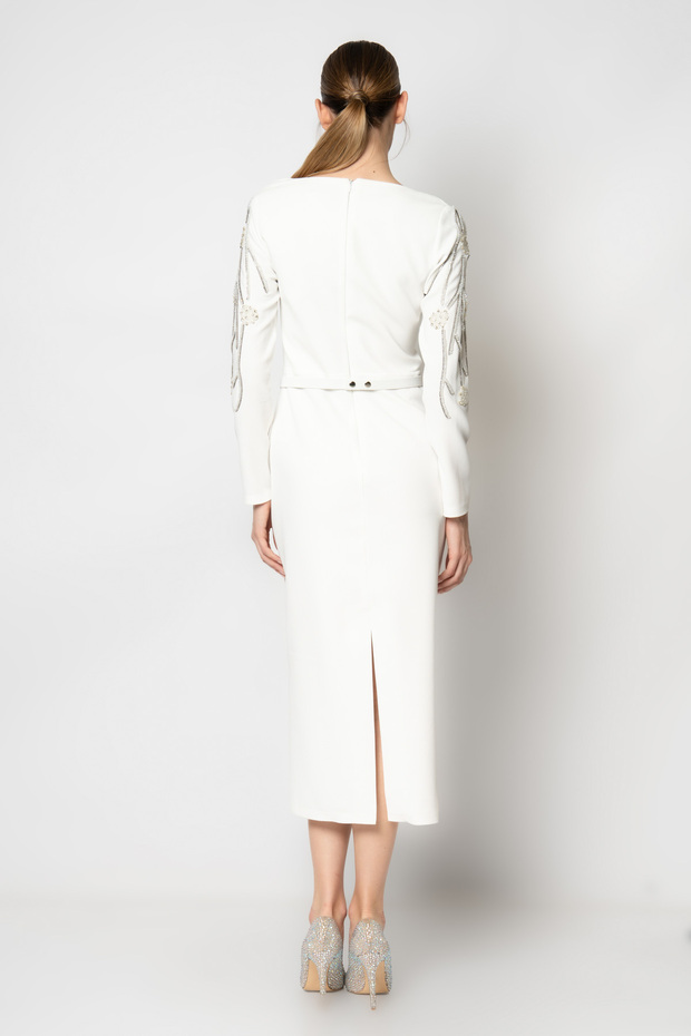 Kolları taş işlemeli kare yaka krep abiye elbise - 3