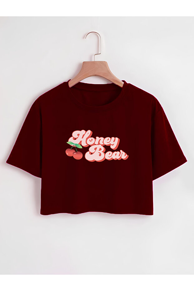 Women's Oversize Crew Neck Honey Bear Printed Crop T-shirt