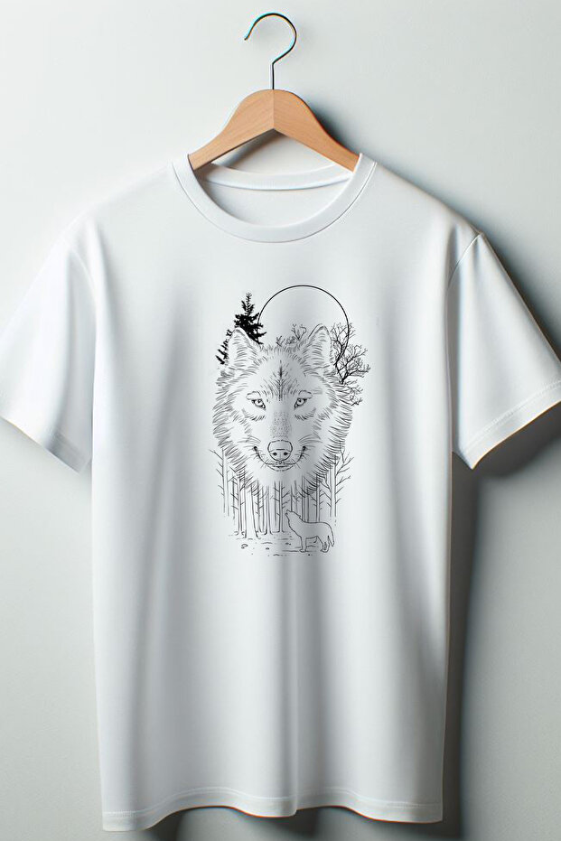 Wolf Printed Oversize Crew Neck White T-shirt