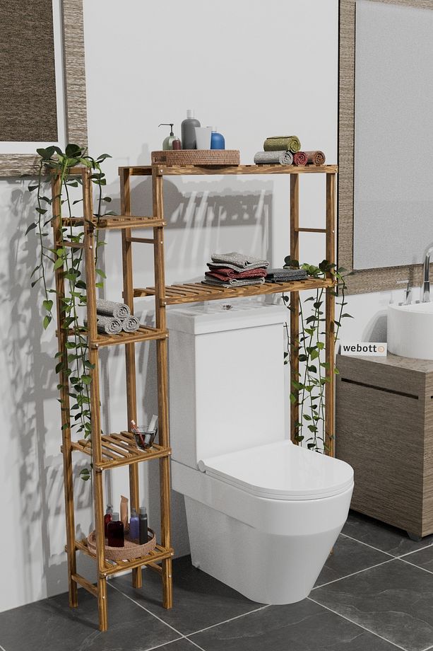 Banyo Düzenleyici Ahşap 6 Raflı Wc Klozet Üstü Raf Organizer Çamaşır makinası Üstü Raf ykm mob223 - 1