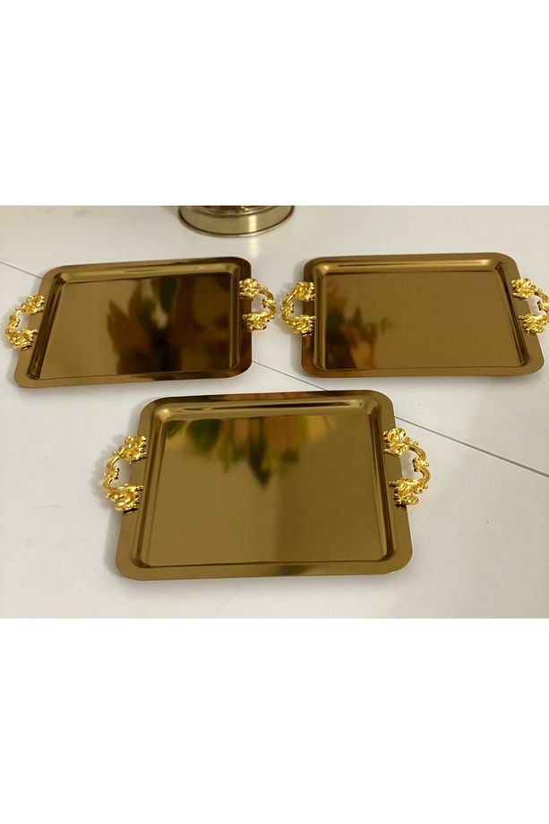 ÇELİK GOLD KAPLAMA KULPLU KARE MODEL 3 ADET SERVİS VE SUNUM TEPSİSİ - 2