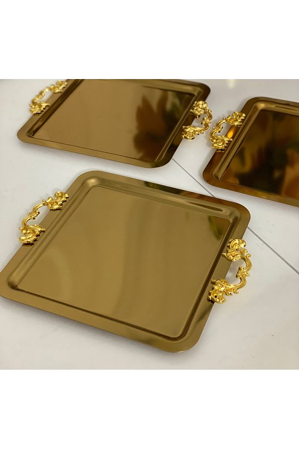 ÇELİK GOLD KAPLAMA KULPLU KARE MODEL 3 ADET SERVİS VE SUNUM TEPSİSİ - 1