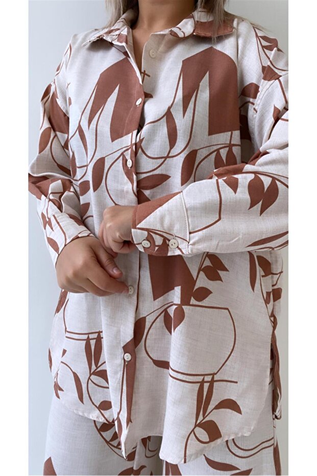 طقم كتان منقوش بأوراق الشجر باللون البني - 6