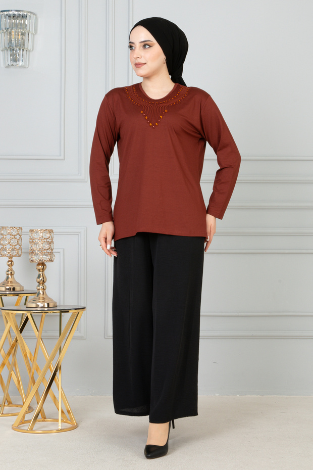 Women's Mother Tile Long Sleeve Lycra Front Patterned Combed Cotton Blouse