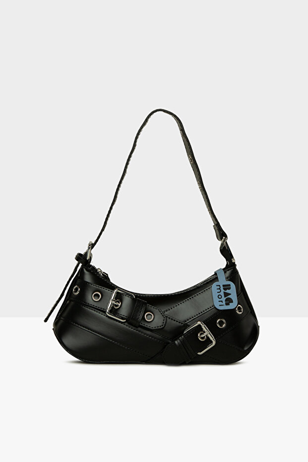 Black Women's Baguette Bag with Belt Accessory and Strap Detail M000008449