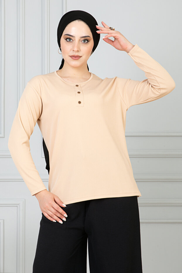 Women's Mother Comfortable Cut Loose Thin Corded Button Detailed Combed Cotton Blouse