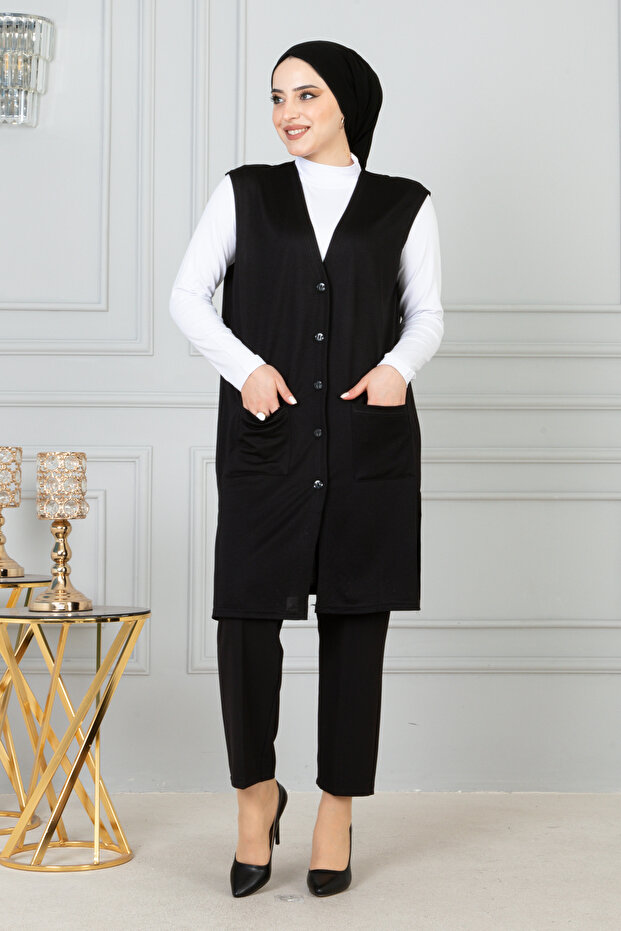 Women's Black Mother's Long Slim Buttoned Pocket Combed Cotton Vest Mother's Day