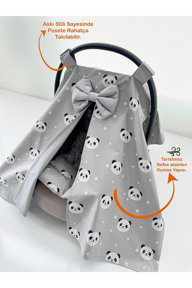 Gri Panda Tasarım Puset Örtüsü Ve Puset Minderi 2'li Set - 2