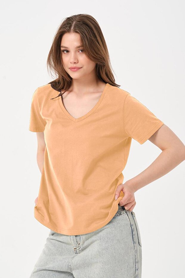 Women's Beige V-Neck T-Shirt