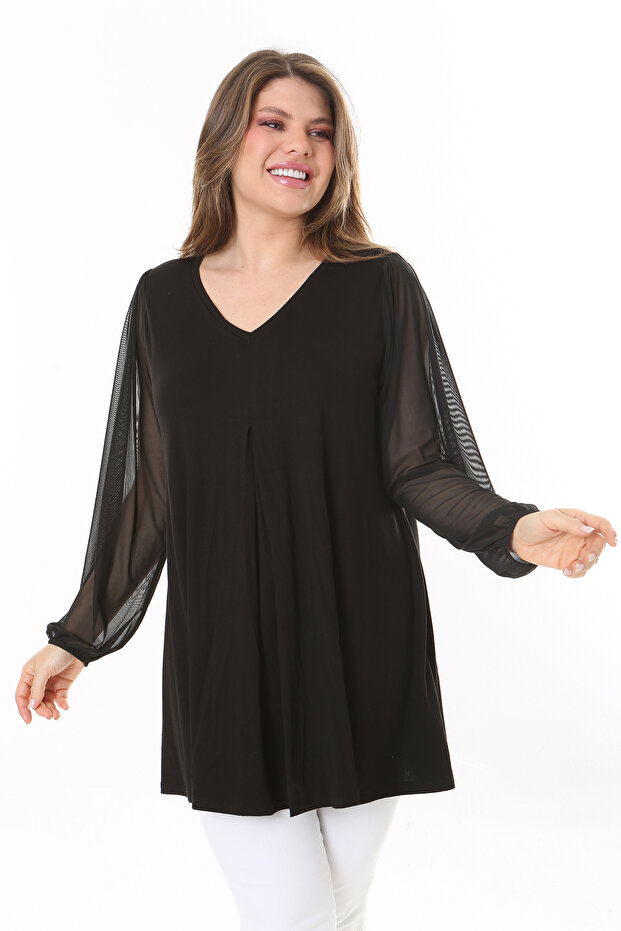 Women's Large Size Black Sleeves Tulle Front A Pleated Tunic 65N37784
