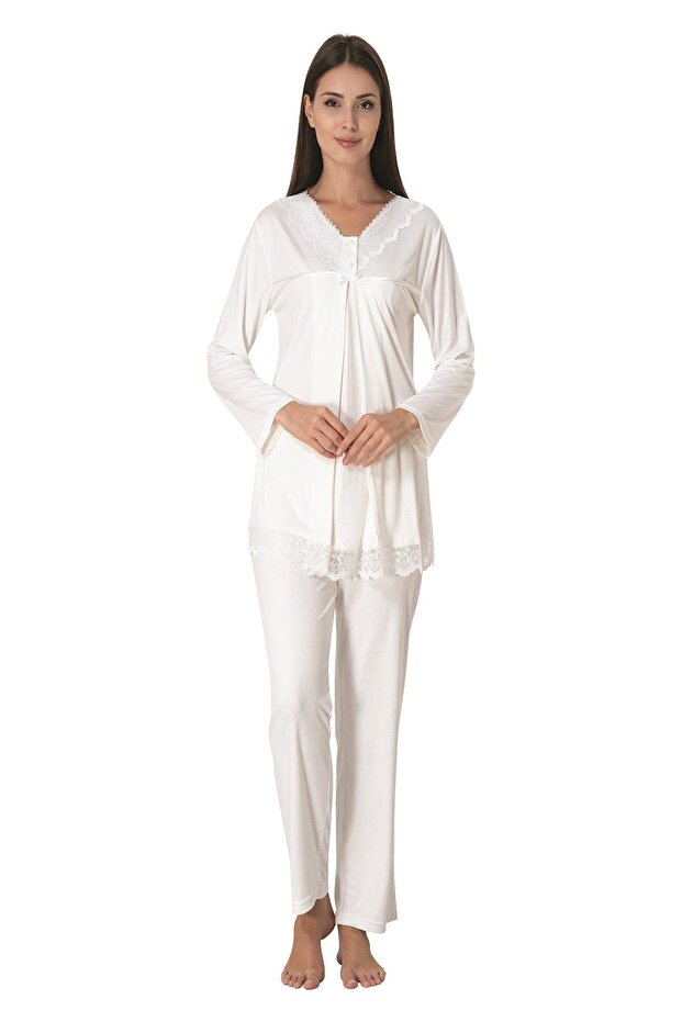 Women's Off-White Design Lace Cotton Maternity and Postpartum Pajama Set