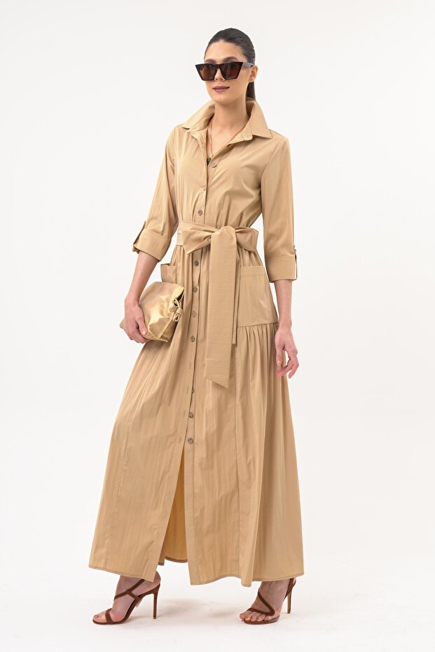 Beli Kuşaklı Düğmeli Elbise - 3