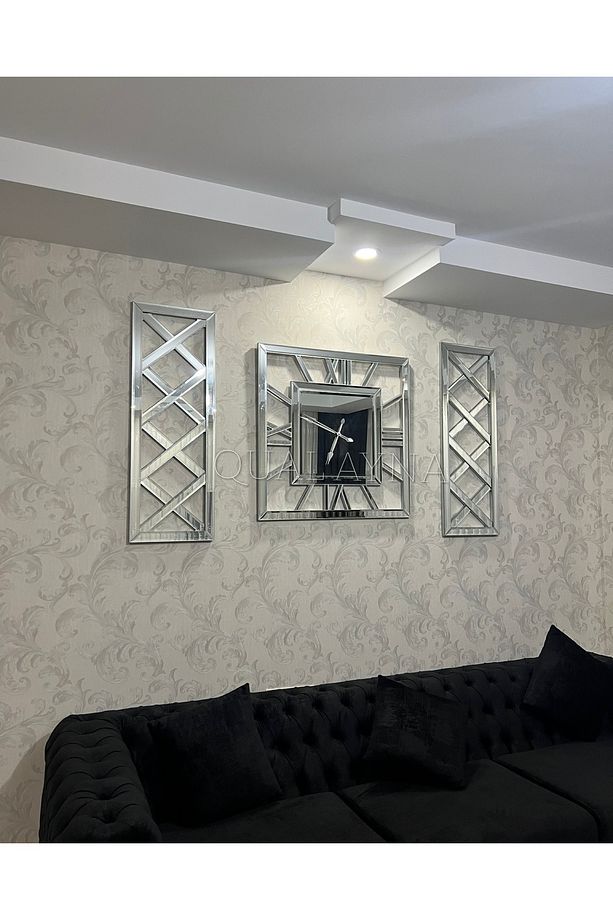 3’lü Gümüş X Model Duvar Saati(80*80 cm) ve Dekoratif Aynalar Seti(35*100 cm) - 2