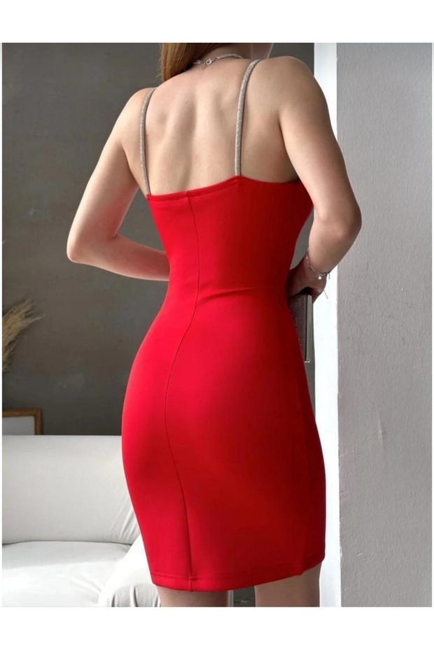 Taş Asklı Yırtmaçlı Kısa Abiye Elbise, - 2