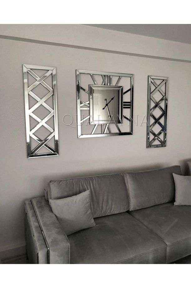 3’lü Gümüş X Model Duvar Saati(80*80 cm) ve Dekoratif Aynalar Seti(35*100 cm) - 4