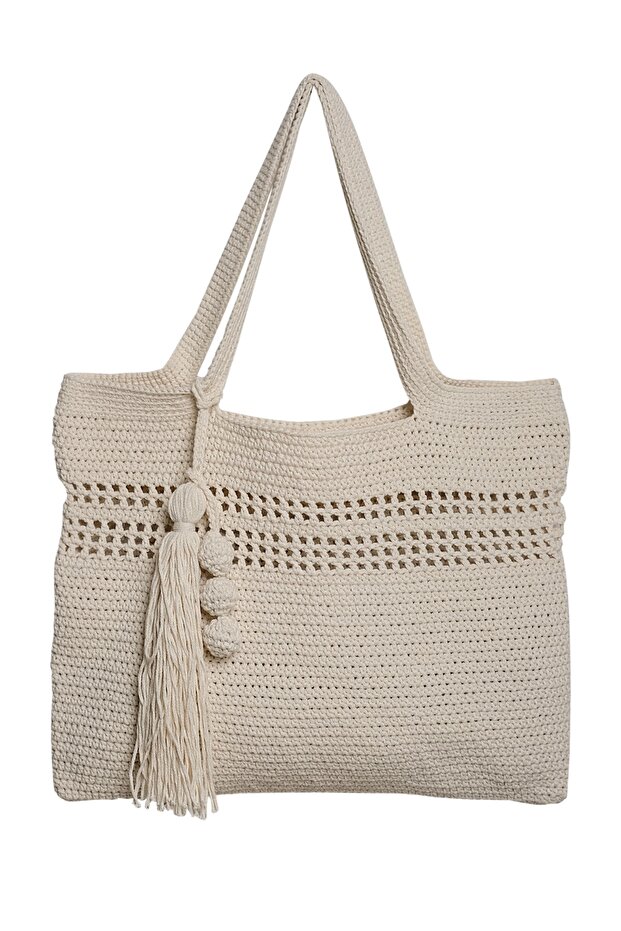 Ekru Makrome Örgü Tote Çanta - 1