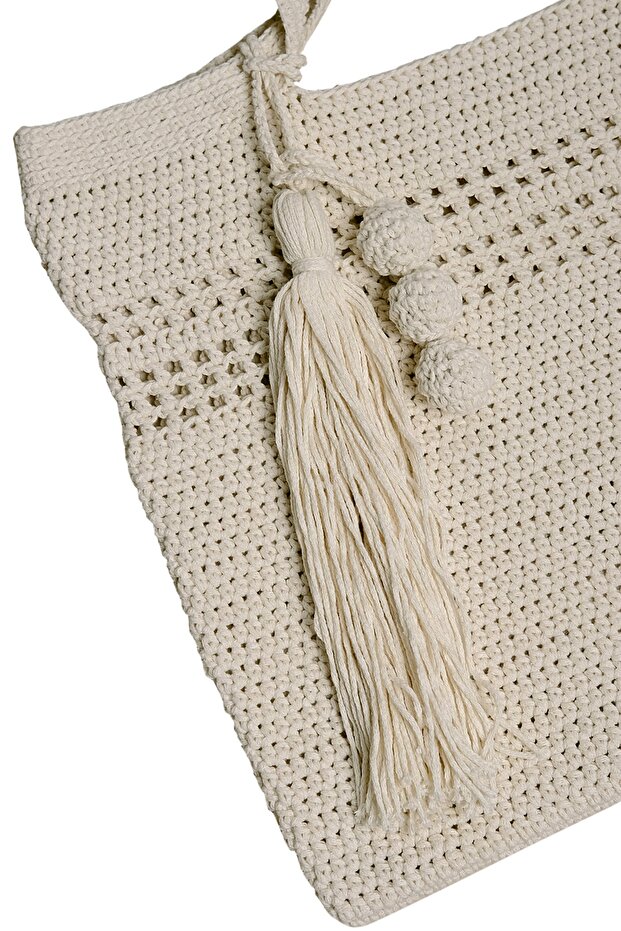 Ekru Makrome Örgü Tote Çanta - 2