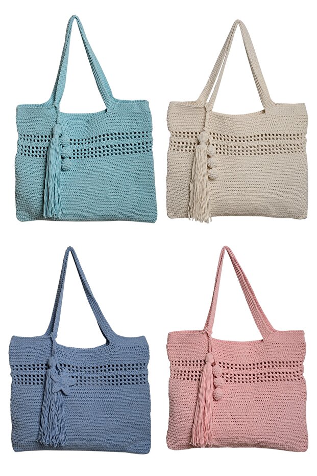 Ekru Makrome Örgü Tote Çanta - 4