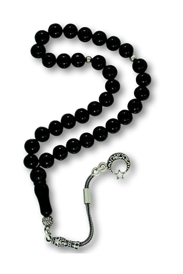 Men's Silver Tasseled Genuine Erzurum Oltu Stone Rosary 7 Mm