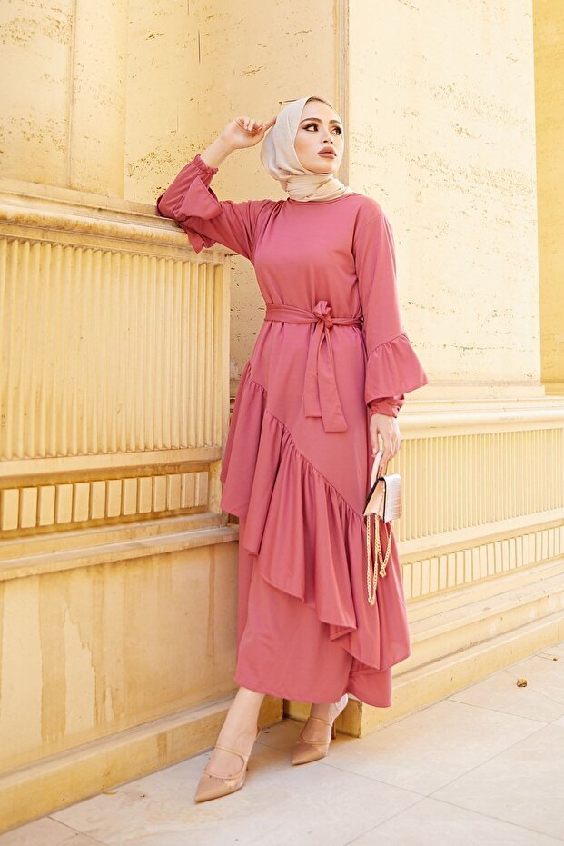 Women's Pink Asymmetric Ruffle Detailed Dress