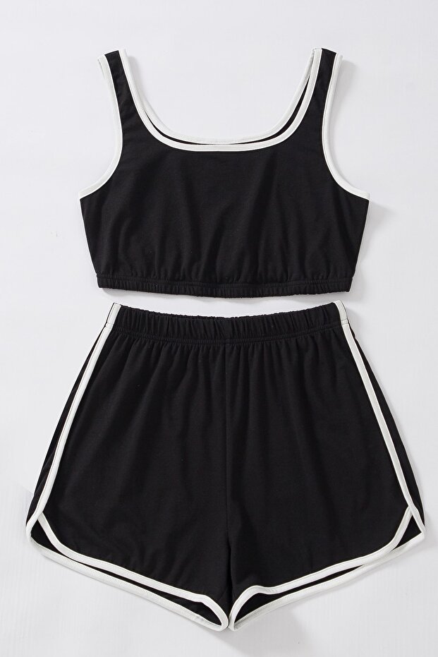 Kadın Siyah Askılı Crop Top ve Şortlu Gecelik Takım - 3