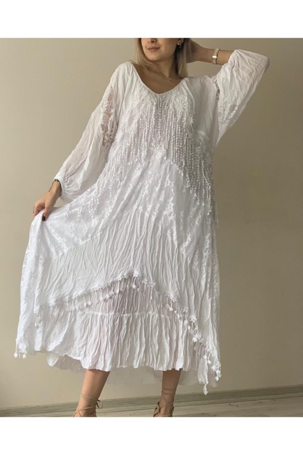 Women's White Authentic Voile Cotton Guipure and Lace Detailed Long Sleeve Maxi Dress