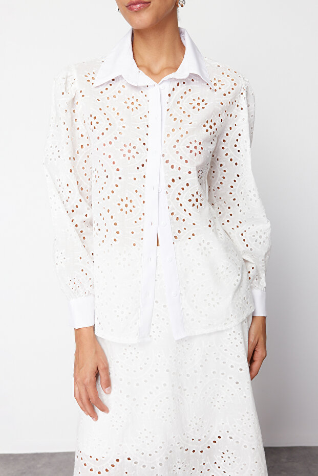 Beyaz Dantel Kumaş Regular Normal Kalıp Dokuma Gömlek TEDSS24GO00014 - 1