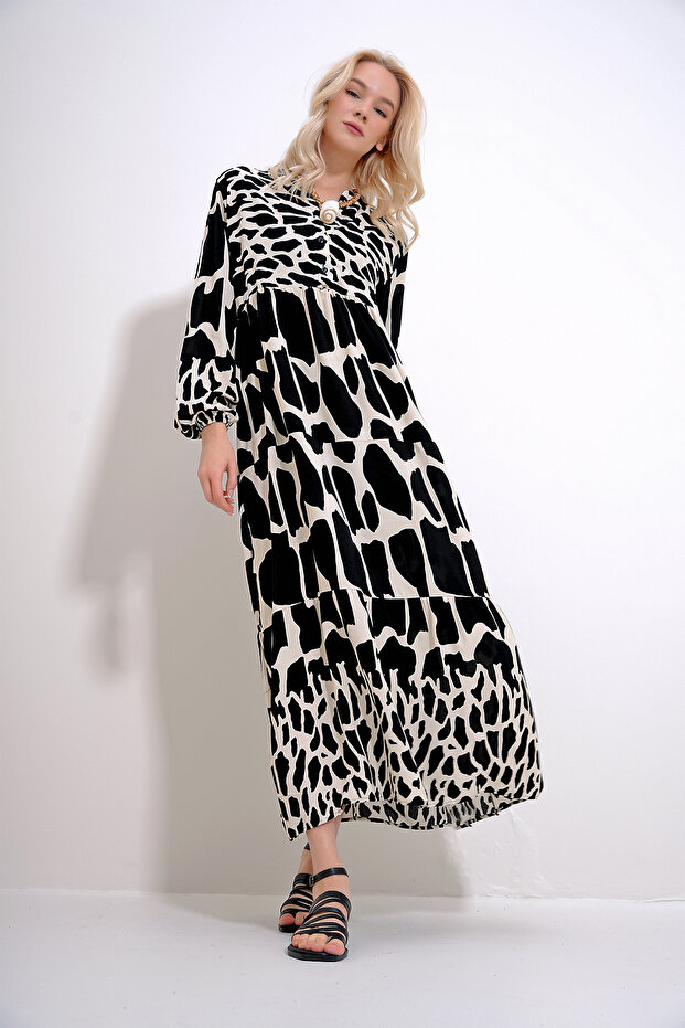 Women's Black Robasi Buttoned Patterned Layered Flounced Woven Viscose Dress ALC-X12034