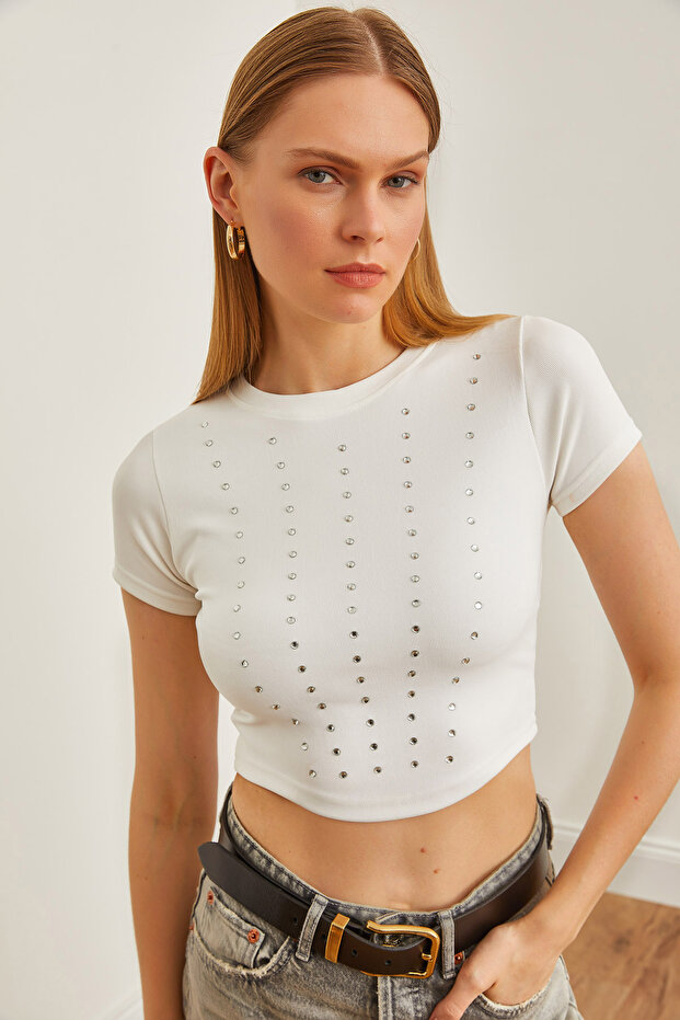Women's White Stone Detailed Thin Corded Crop Blouse BLZ-19002626