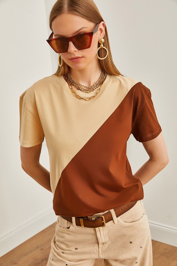 Women's Stone Brown Asymmetric Blocked T-Shirt TSH-19000350