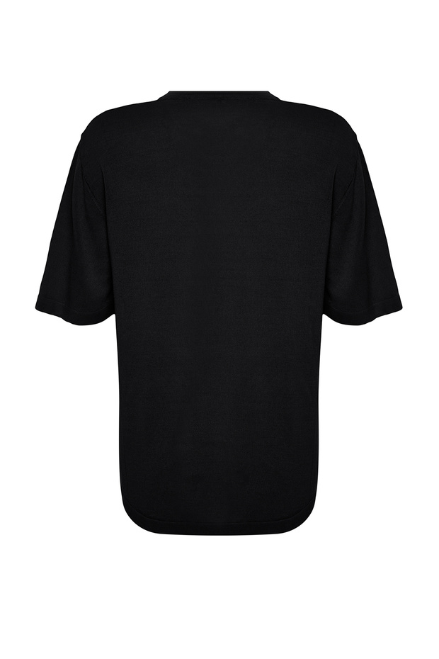 Siyah Basic Dökümlü Yırtmaç Detaylı Triko T-Shirt TWOSS24KZ00047 - 9