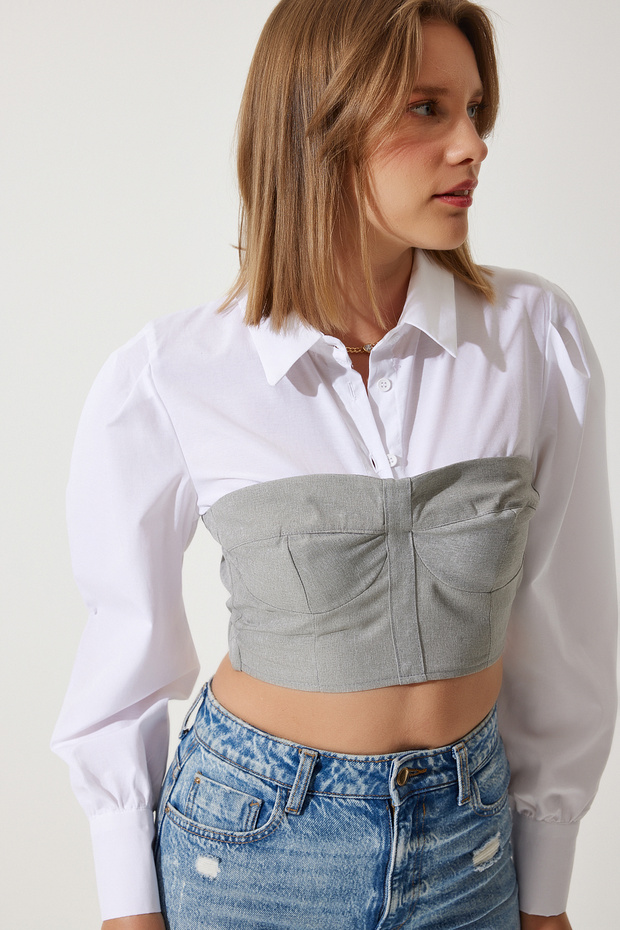 Women's White Gray Color Block Crop Shirt Blouse RG00032