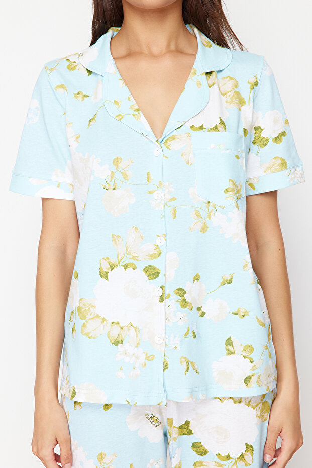 Niebieski 100% bawełniany dzianinowy komplet piżamowy z kwiatowym wzorem THMSS20PT0062 - 4