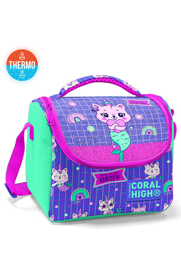 Kids Aqua Green Lavender Unicorn Cat Patterned Thermo Lunch Box 11860