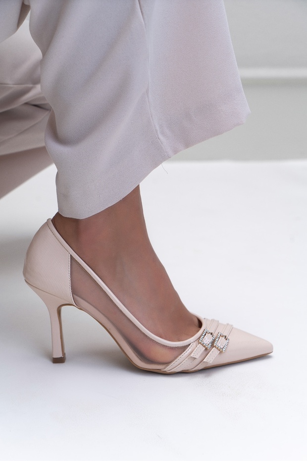 Bézs mintás dupla csatos részlet női vékony sarkú cipő - 3