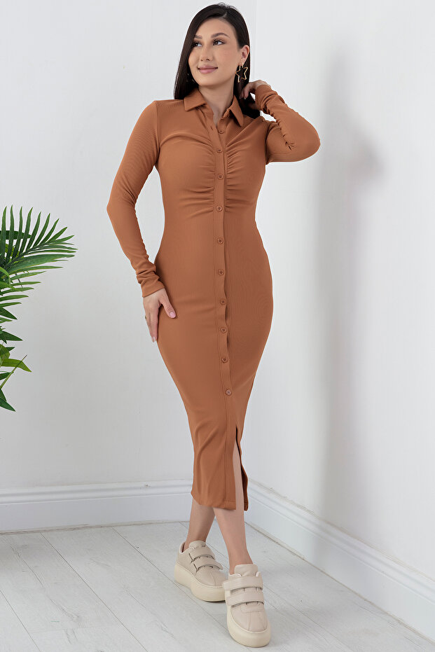 Boydan Düğmeli Büzgülü Elbise 1022-3074 - 6