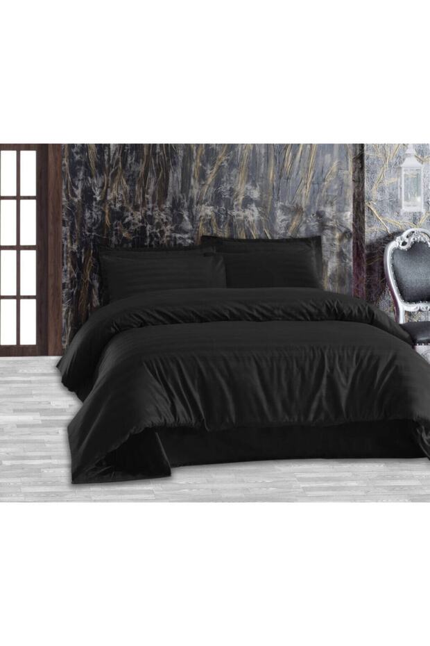 Black Cotton Satin Striped Duvet Cover Set